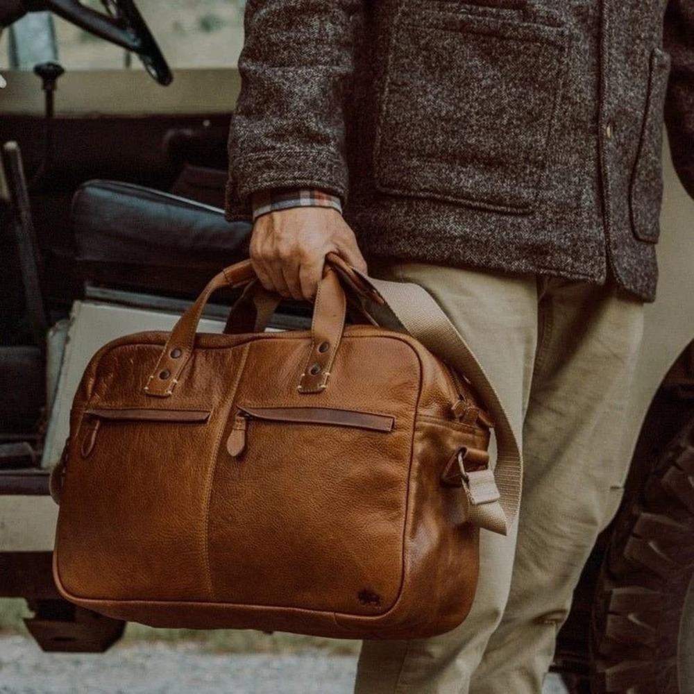Buffalo Jackson Walker Leather Pilot Bag Brown Briefcase Large Travel Weekender